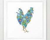 Daisy Rooster Art Print 8 x 10 Nursery Art Floral Art