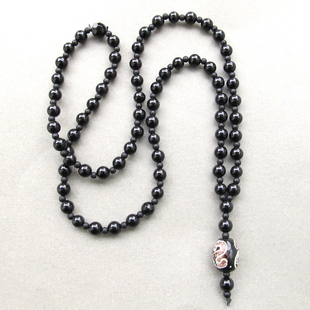Mens semi-precious black agate beaded necklace with decorative stone bead
