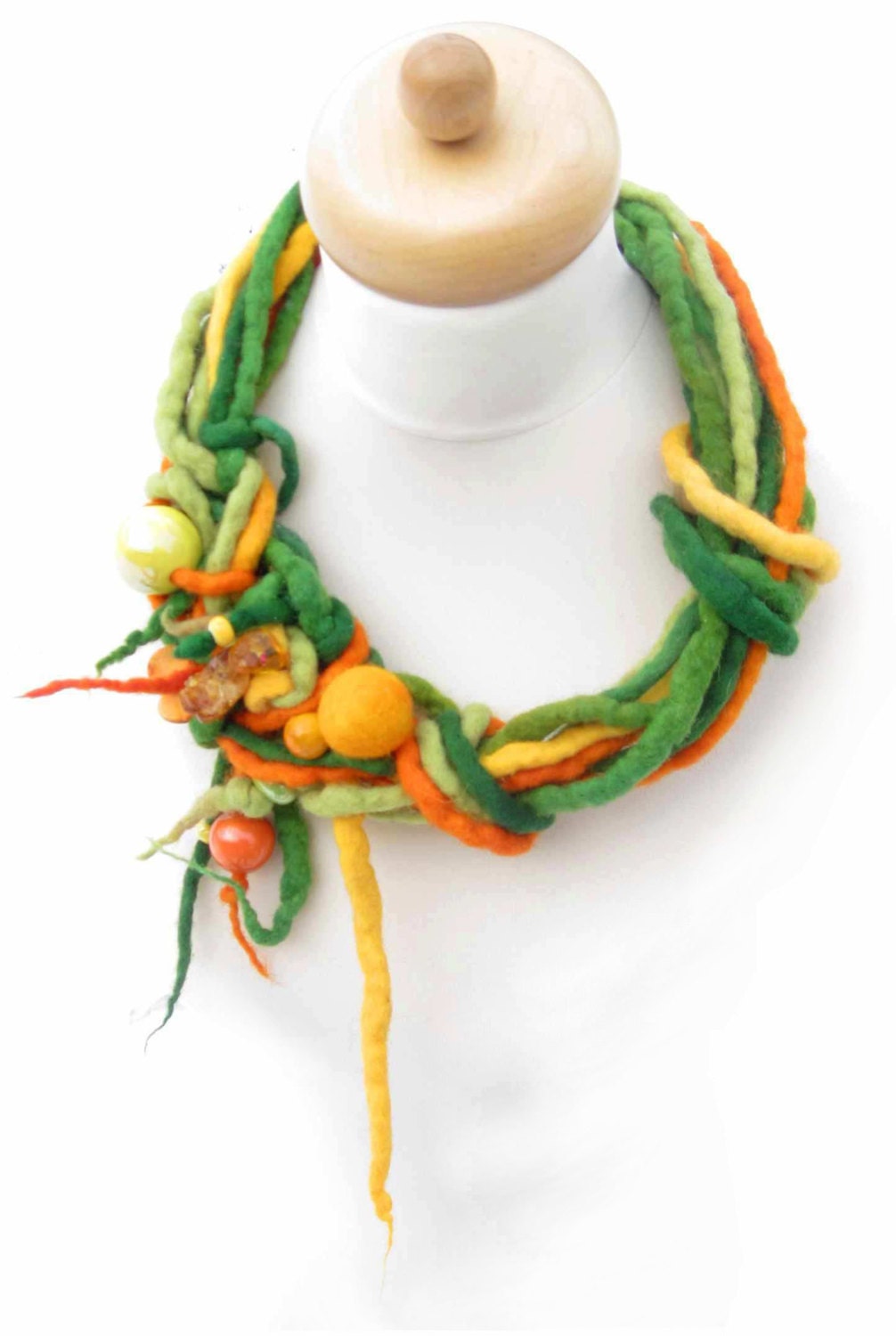 Spring Necklace Fiber Art Avant Garde Jewlery Bib Wearable Art Jewelry Asymmetric Raw Stone Green Yellow Orange Felt Dread Macrame OOAK