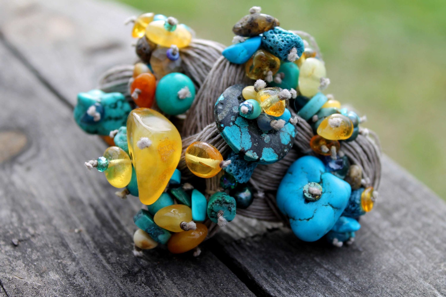 Turquoise Amber Bracelet Linen Macrame Eco Jewelry Green Teal Gray Yellow Orange Gemstone Raw  Rough Stone Tapestry Summer Fashion