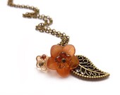 Orange Charm Necklace, Petite Necklace, Antiqued Bronze Leaf, Salmon Orange, Lucite Flowers, Long Chain, Boho Jewelry