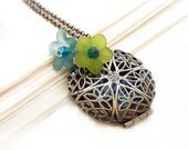 Silver Locket, Round Filigree, Blue Green Lucite Flowers, Retro Victorian, Functional Necklace, Vintage Style Pendant