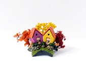 Tiny Autumn Fairy Houses Upon a Star - Miniature Wine Purple and Marigold Woodland Houses with Autumn Red, Yellow and Orange Trees