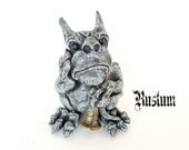 Rustum - Miniature Handcrafted Gargoyle with Brass Bird Bell - Hand-Painted Clay Sculpture by Bewilder and Pine