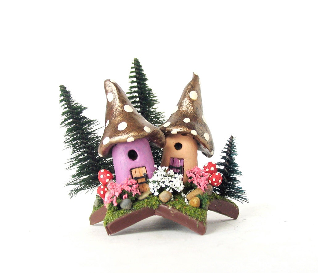 Tiny Pointy Mushroom Fairy Houses Upon a Star - Miniature Spotted Woodland Houses with Pine Trees and Flowering Bushes