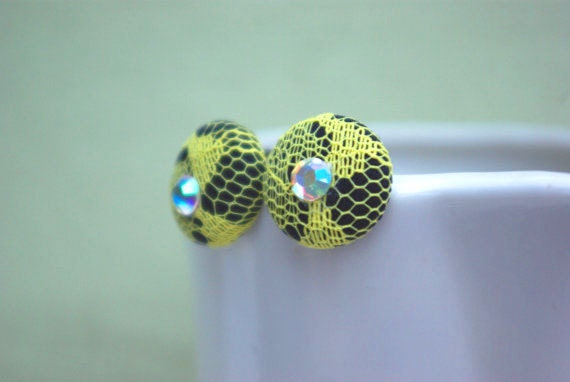 Yellow Earrings, Yellow and Black, Fabric Covered Button Earrings, Surgical Stainless Steel Button Earrings, Button Earrings, Crystal