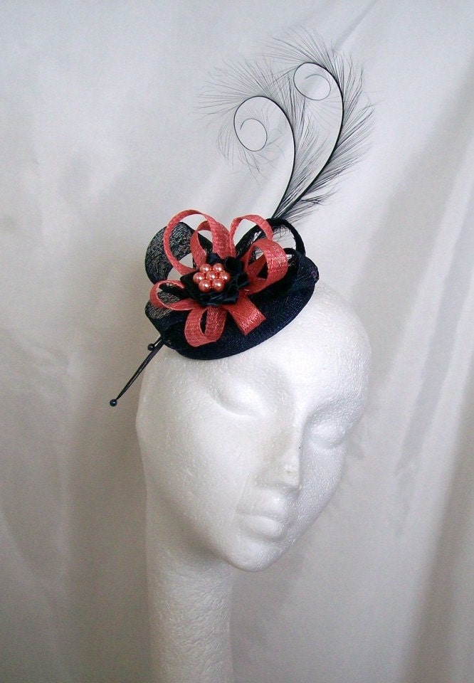 Coral Watermelon and Navy Blue Pheasant Curl Feather Sinamay Loop & Pearl Fascinator Mini Hat - 'Custom Made To Order