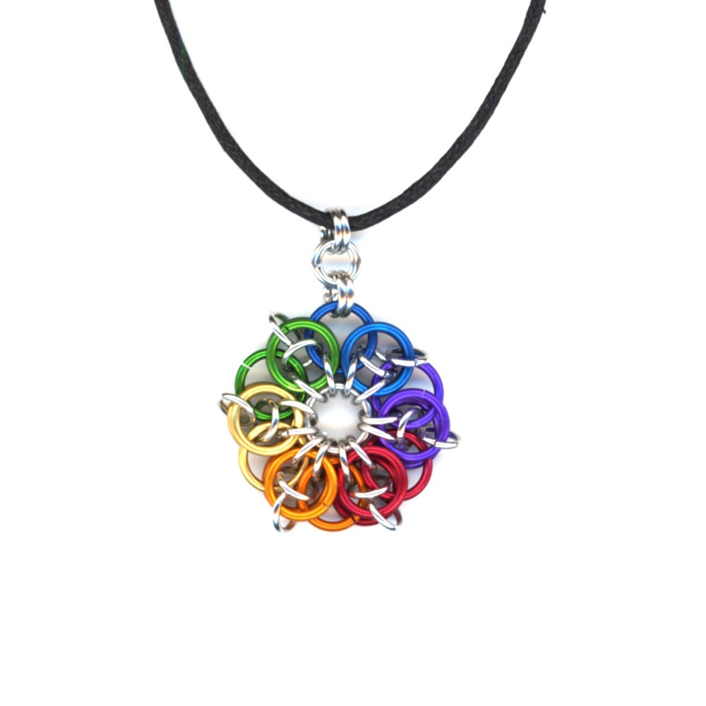 Rainbow Chainmail Pendant, Long Black Cord Necklace, Pride, LGBT, Chakra Colors