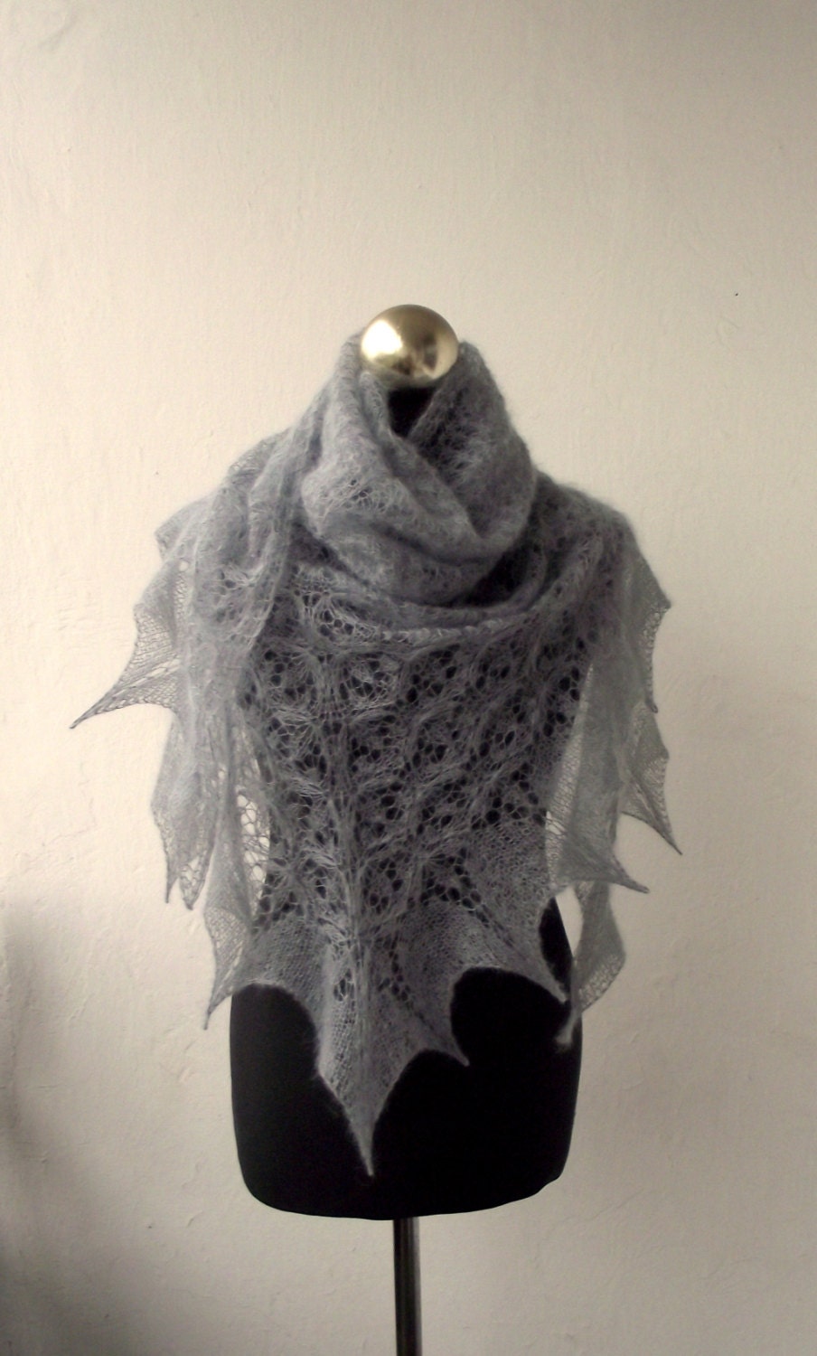 Grey hand knitted kid mohair lace shawl