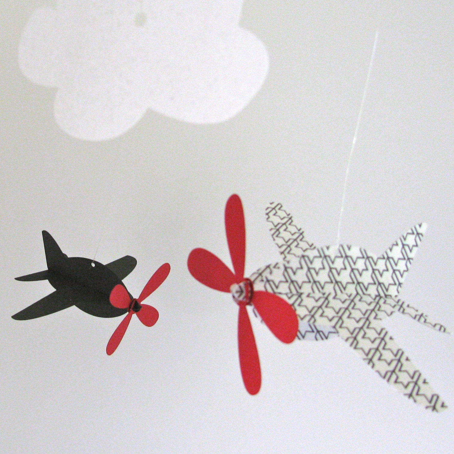 Baby Mobile, Airplanes in Black, White, and Red with Houndstooth Pattern