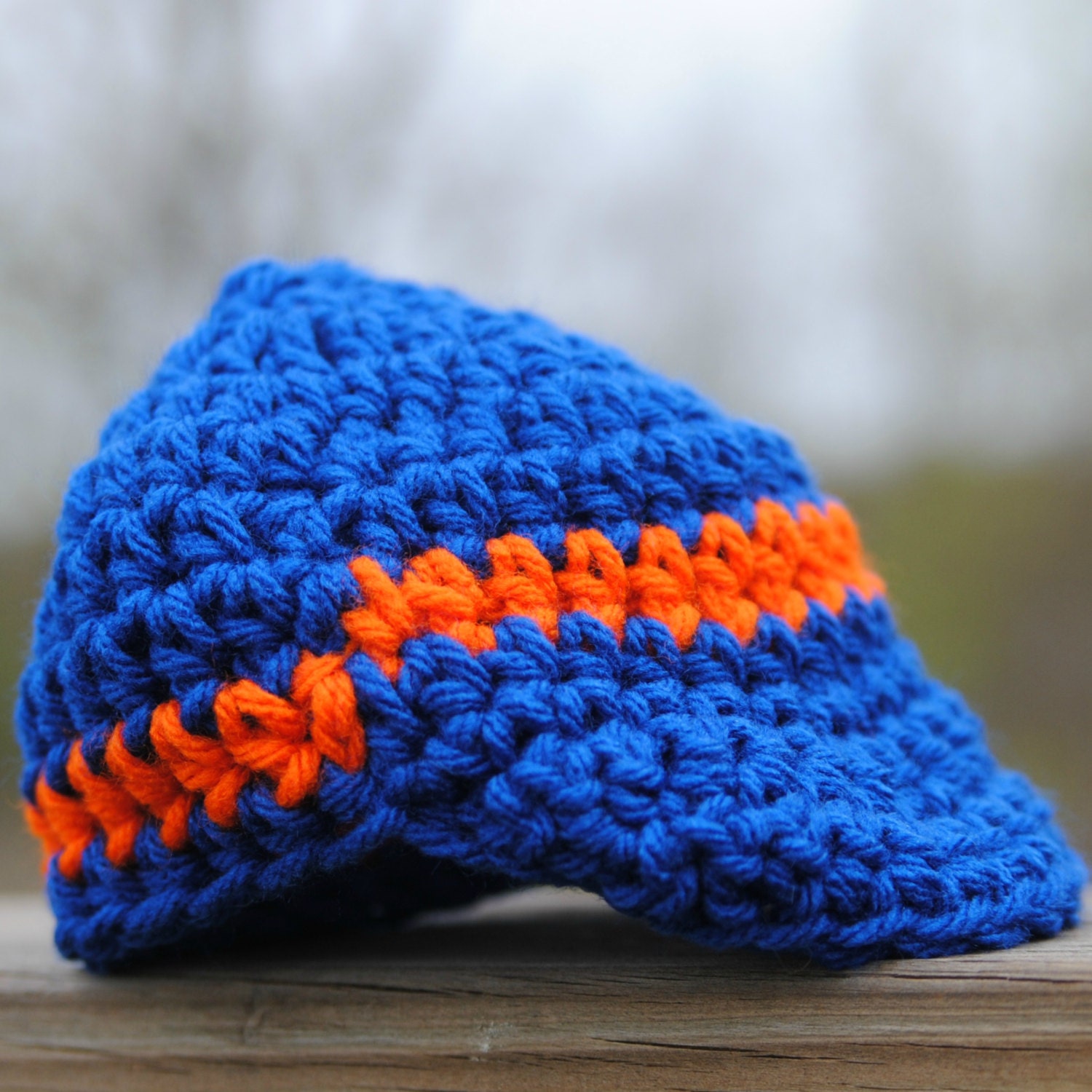 Blue and Orange Baby Hat Newborn Newsboy Cap Infant Beanie Crochet Visor Brim Take home Shower gift Photo prop Team Spirit