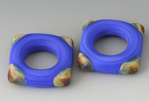 Southwest Squared Rings - (2) Handmade Lampwork Beads - Cobalt, Brown  - Etched, Matte