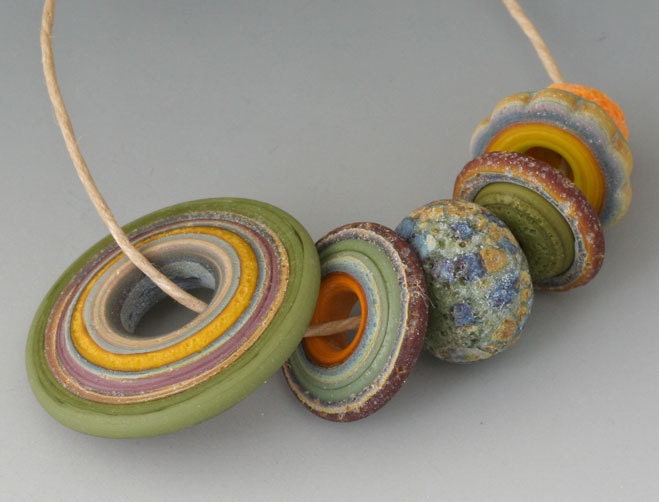 Rustic Odds 'n Ends - (6) Handmade Lampwork Beads - Sage, Lavender, Butternut