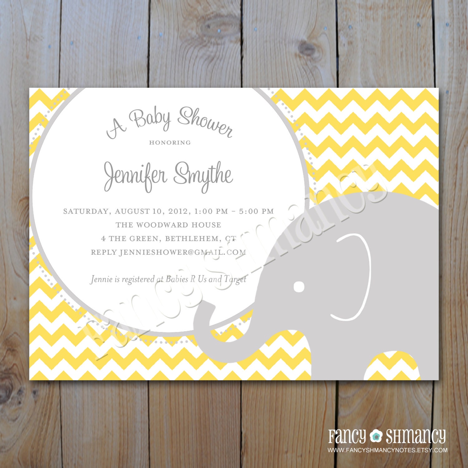 Elephant Baby Shower Invitation / Printable Yellow and Grey Chevron Shower Invitation / Elephant Theme / Item 31839