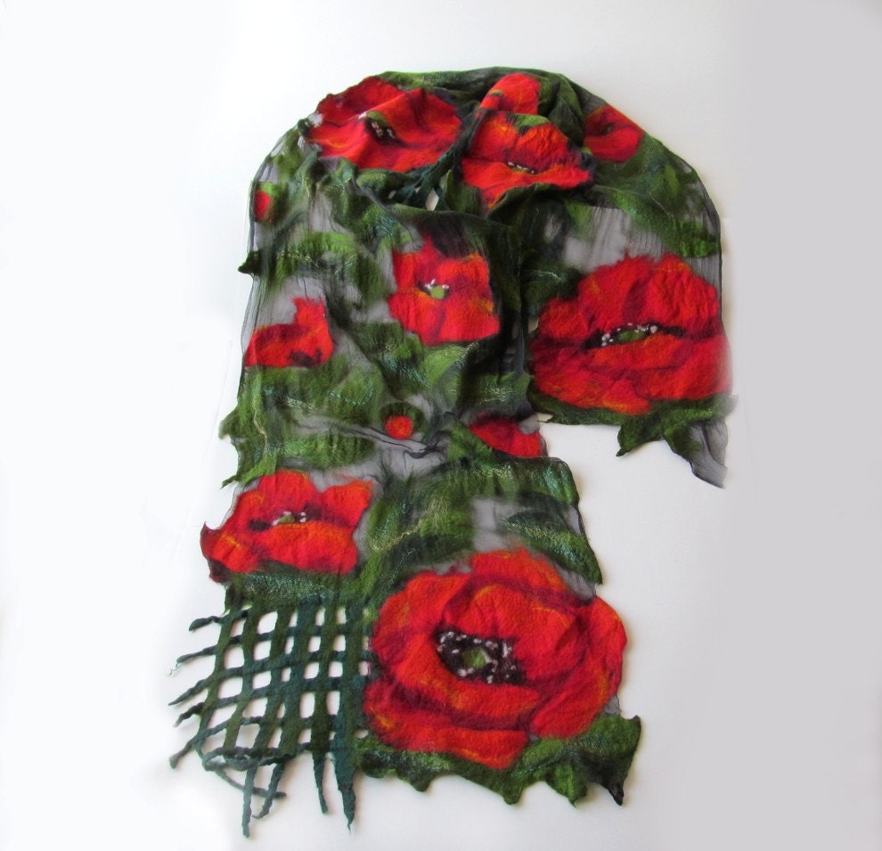 Nuno Felted scarf   Poppy red green flower