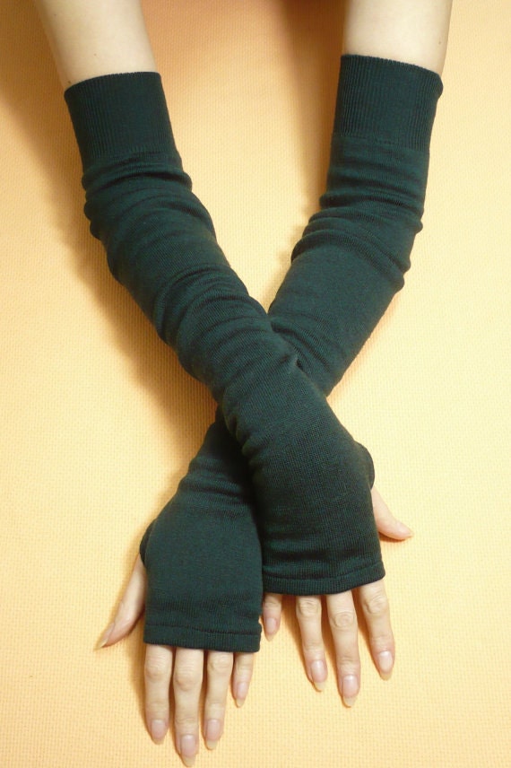 Long Upcycled Fingerless Gloves, Dark Green, Merino Wool, Soft Warm Women Armwarmers, recycled Knit Sleeves, Boho Style, Winter