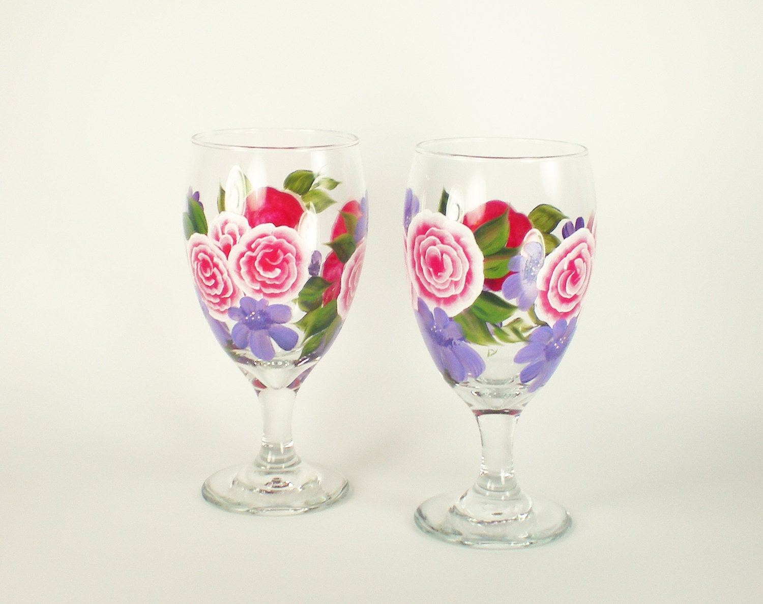 Hand Painted Iced Tea Glasses - Pink Azaleas, Purple Daisies, Abstract Bright set of 2 16 oz - Custom