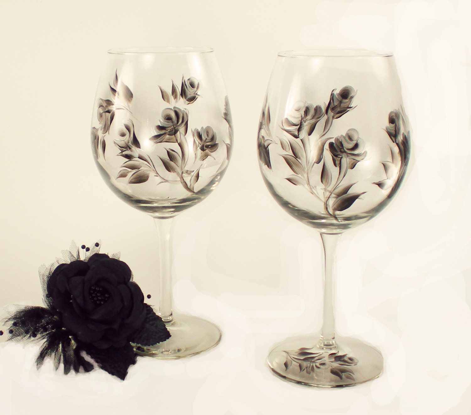 HandPainted Wine Glasses - Abstract Ebony Black and Silver Roses, Set of 8 - 25th Wedding Anniversary Bridesmaid MOH