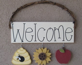 WELCOME SIGN  with bee hive, sunflower, and apple decor for wall and home decor
