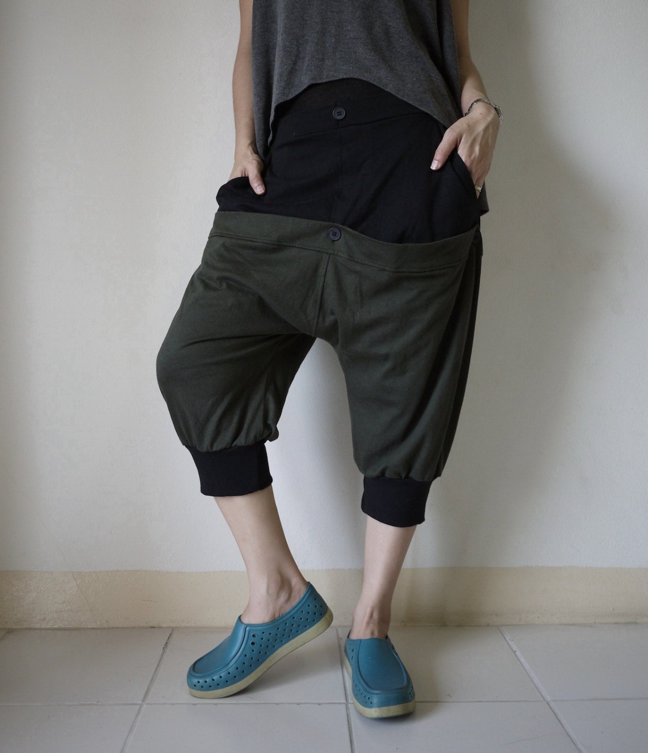 Unisex Pants - Drop Crotch Black & Dark Army Green Stretch Cotton Pants With 2  Back Patch Pockets