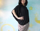 2 Tone Patched Asymmetrical Hem Black And Dusty Pinkish Brown Spandex Cotton Tunic