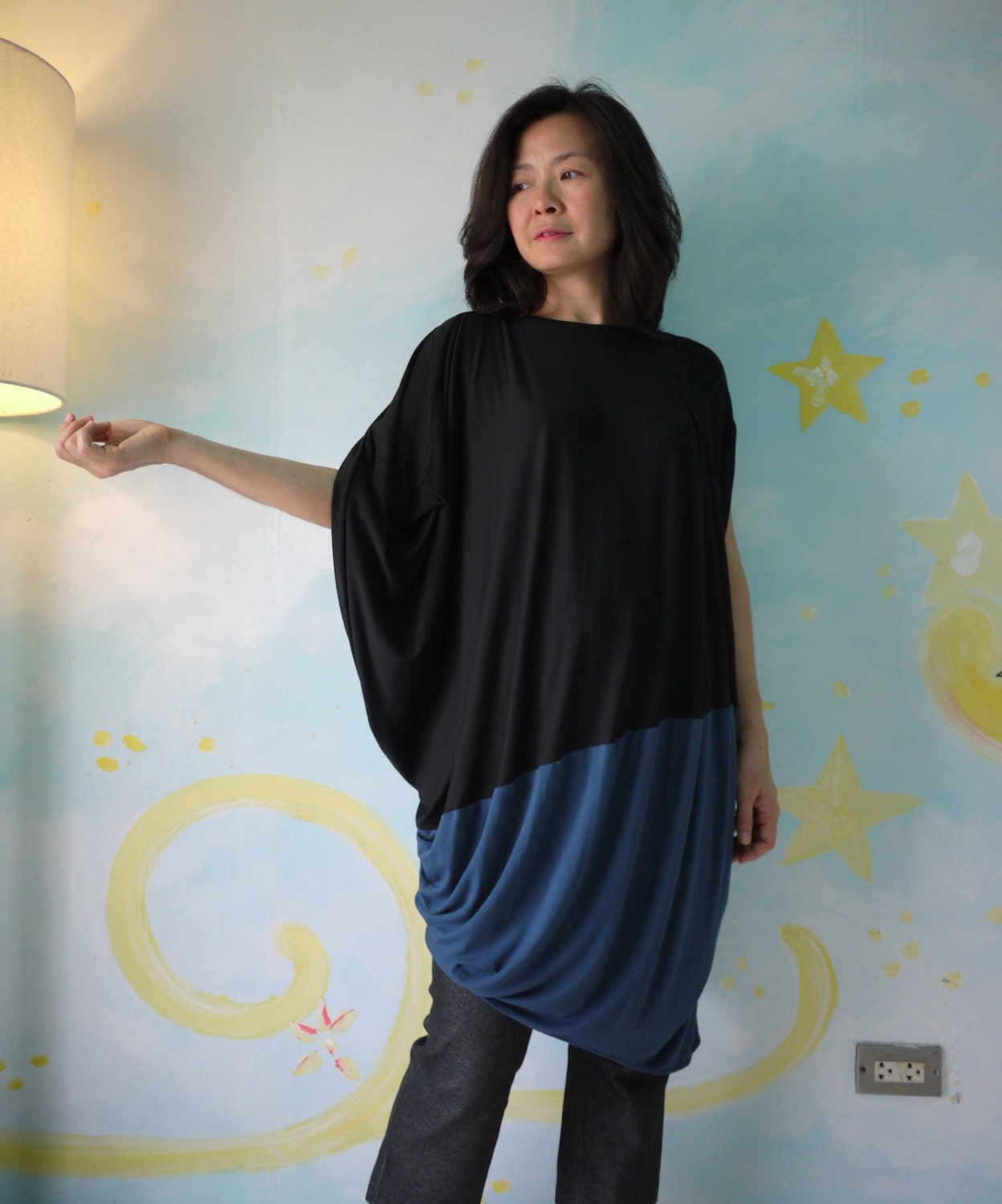 2 Tone Patched Asymmetrical Hem Black And Blueish Teal Spandex Cotton Tunic