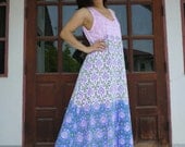 Sleeveless V Neck Pink Green Blue Indian Pattern Printed On White Stretch Cotton Maxi Dress Women Pullover Sun Dress Summer Beach Dress