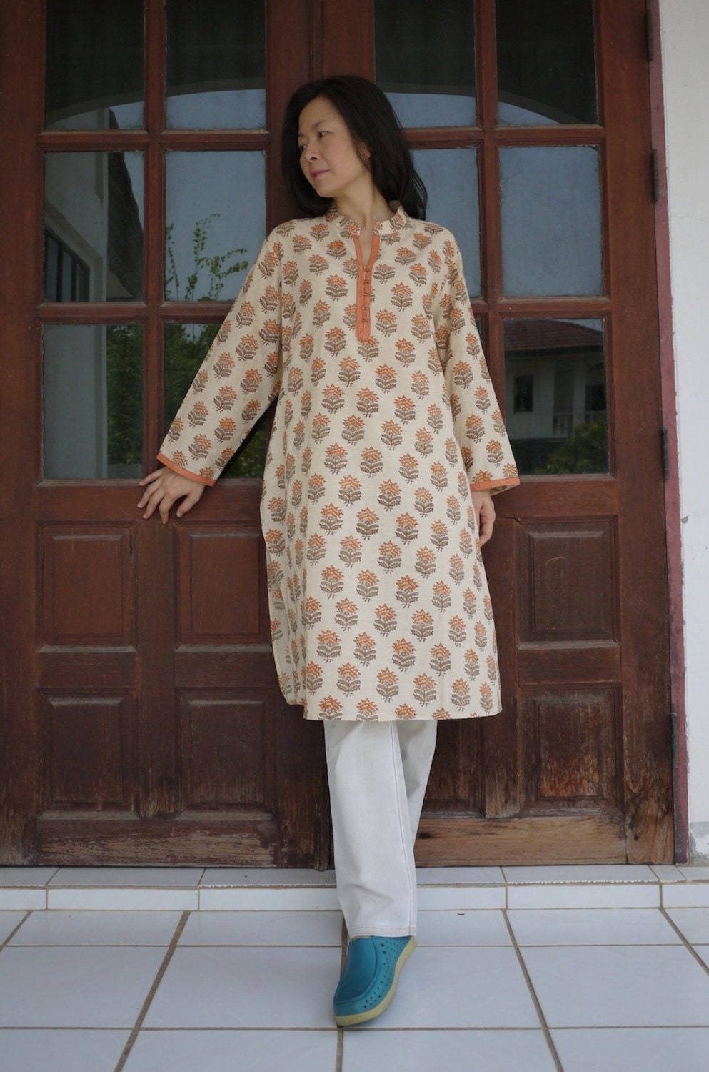 Limited Edition...Long Sleeve Flower Handed Block Printed Cotton Women Top Tunic With 2 Side Pockets