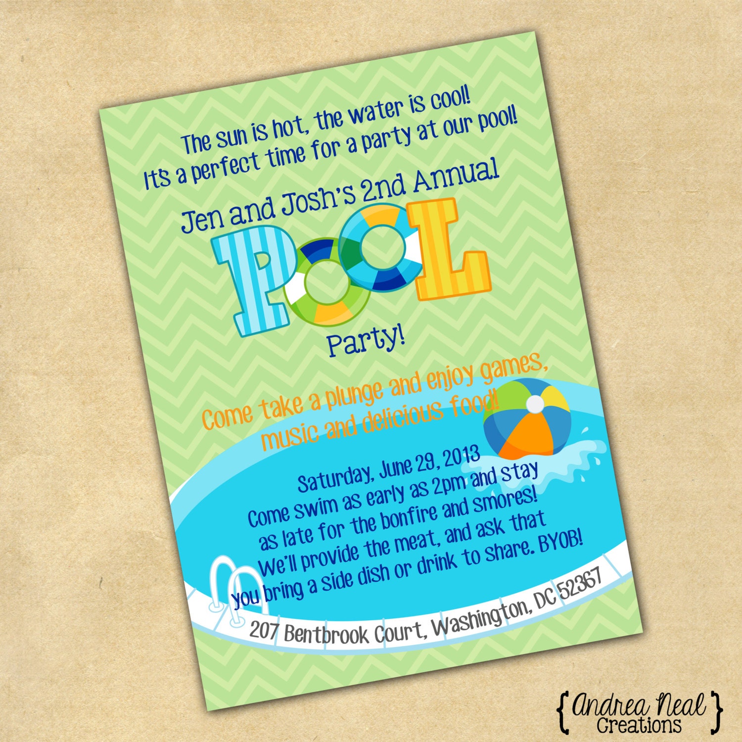 Fully Customizable Invitation Pool Party Summer Time Party Adults or Children Swim Party 5x7 JPEG or PDF Digital File for e-mail or print