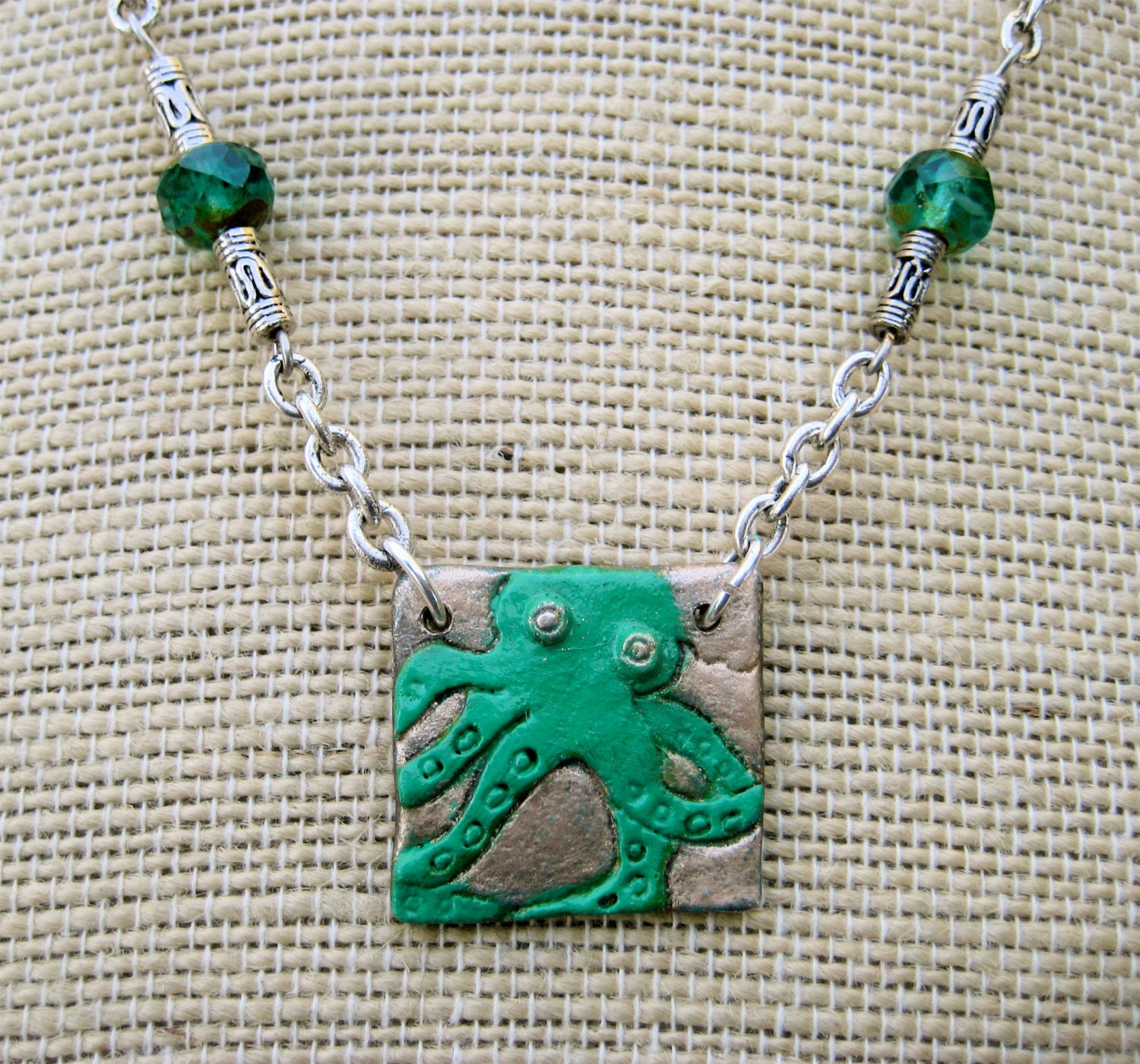 Green Octopus Necklace with Artist Designed Pewter Pendant and Emerald Green Czech Glass on Silver Plated Chain Ocean Jewelry
