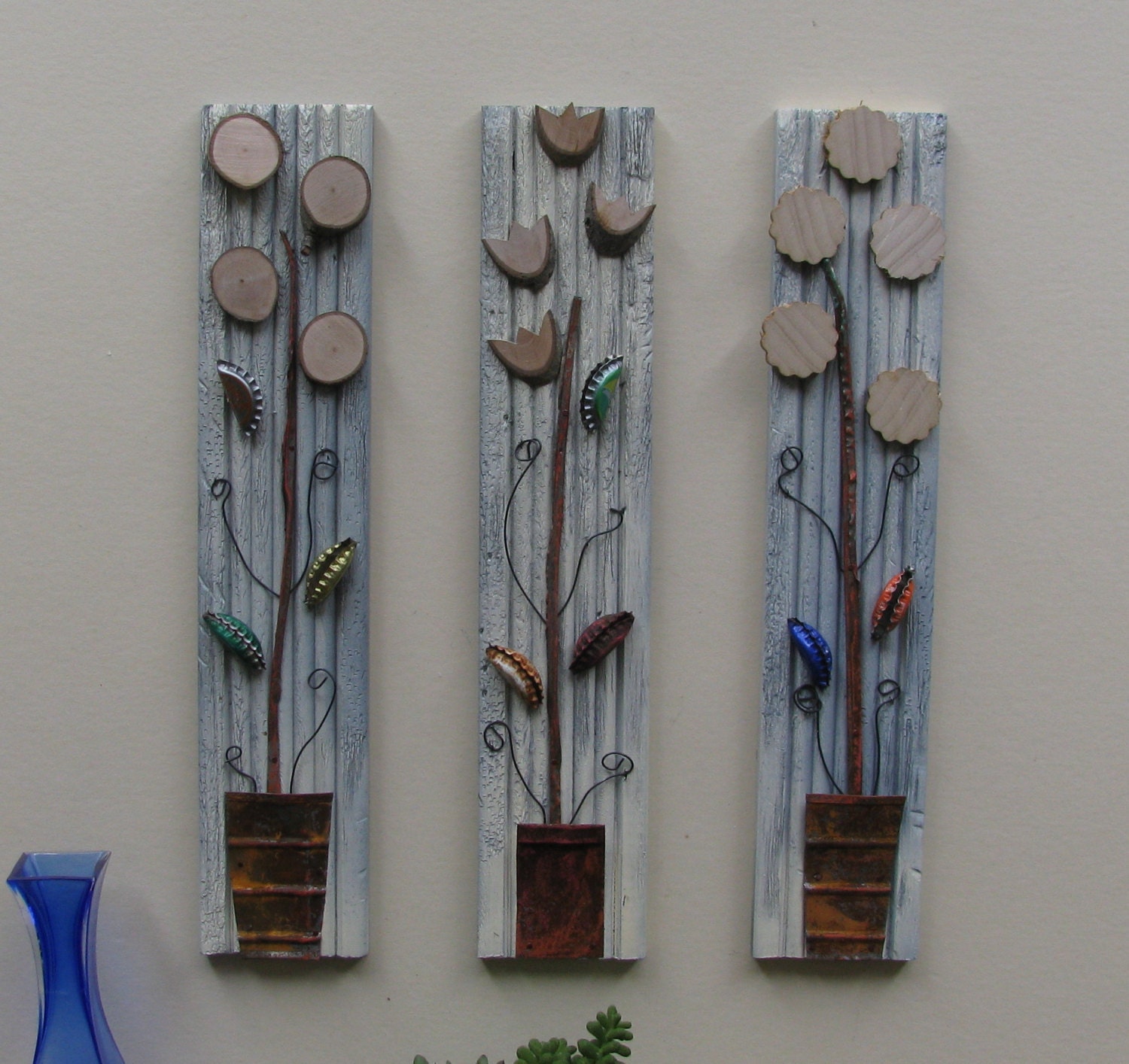 SnapDragons / home decor/ set of 3 / mixed media / natural and recycled materials