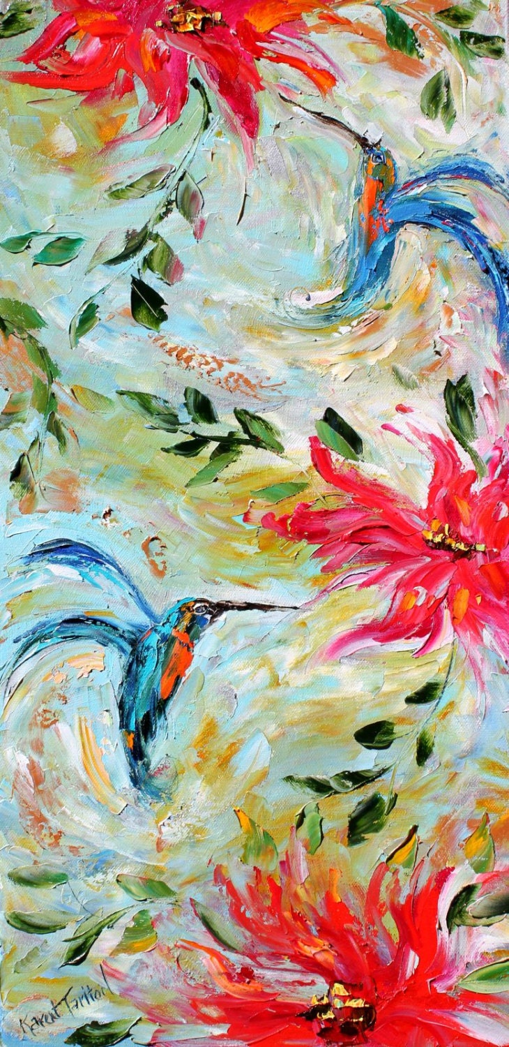 Original impasto painting Hummingbird Dance and Flowers OIL palette knife modern impressionism fine art impasto by Karen Tarlton