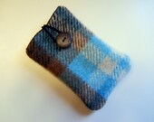 Little Lined Case: made from recycled wool and lined with fabric.  Lovely Aqua / Turquoise / Brown Plaid with polka dot lining.