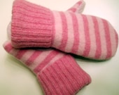 Double Pinks felted wool mittens: cozy mittens lined with soft  fleece.  Made from recycled sweaters.  Kids Small.