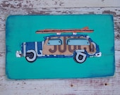 Surf's up Woody Wagon Turquoise Navy Red Car Surfboard Surfer Beach Word Block Sign Custom Funky States License Plate Art Recycled