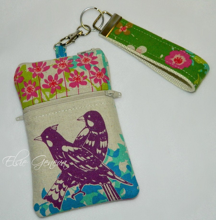 Natural Japanese Linen Purple or Blue  Bird Fabric Phone Case with Wristlet and Zipper Closure & 2 Outside Pockets