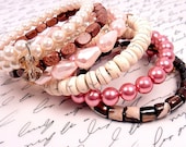 Pink Brown Wrap Cuff, Pink Beaded Bangle, Wood Wrap Bracelet