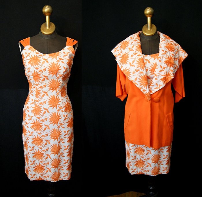 Chic 1950's two piece white cotton dress and jacket w/ matching orange embroidered floral print vlv spring rockabilly - size Small / Medium