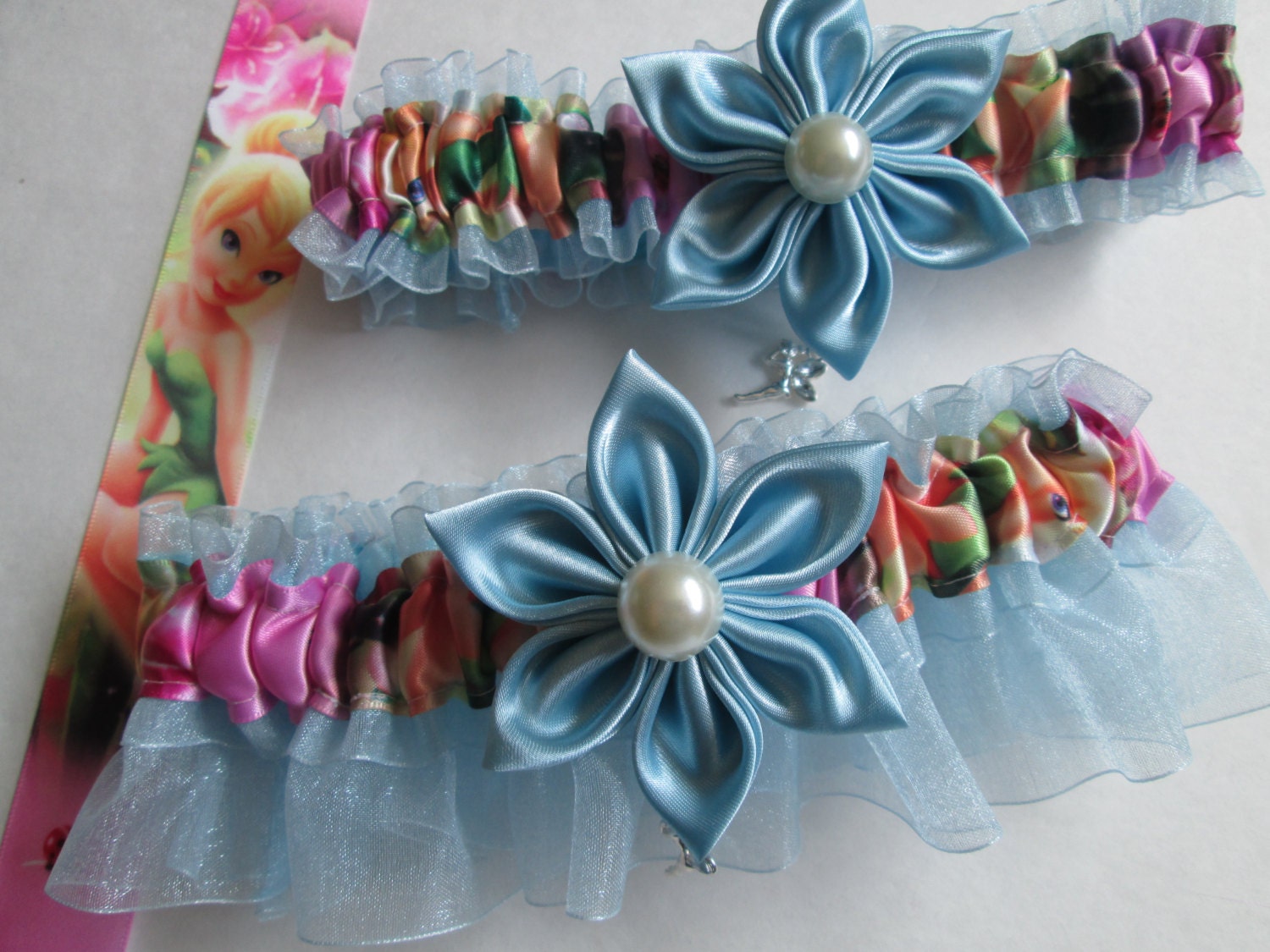 Wedding Garters, Prom Garters, TinkerBell Garters, Ice/Baby Blue Organza Garters, TinkerBell Charms, Disney Garter, Kanzashi Flower