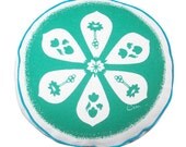 Floor Cushion, Round, Teal Pillow, Mid Century, Flower, Reversible, Hand Printed on Cotton Bark Cloth, Ships Free