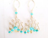 aqua turquoise blue glass on handmade gold swirls - spa resort earrings