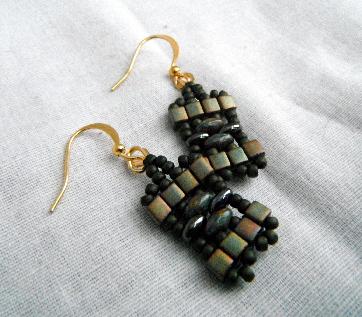 Olive Moss Green Cube and Twin Bead Earrings