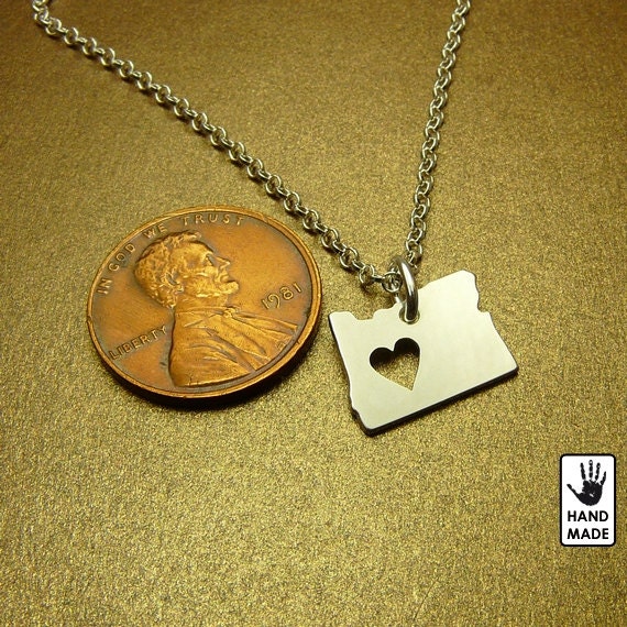 Tiny  OREGON State , sterling silver necklace , sterling silver chain, custom heart