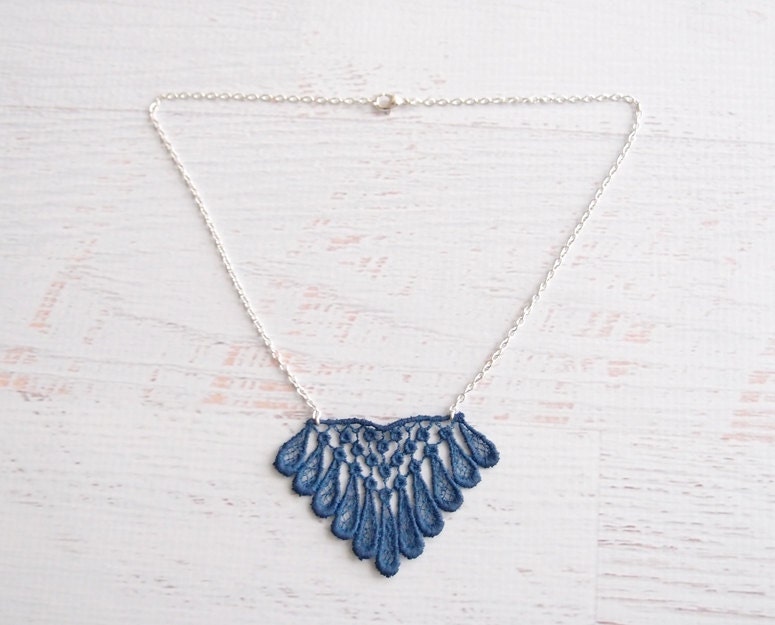 Lace Necklace - Emele - Navy Blue Lace Bridesmaid Necklace - Geometric Diamond Nautical Lace Jewelry