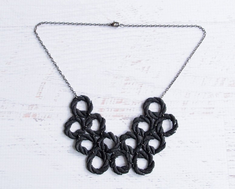 Lace Necklace - Gwendolyn - Black Circle Rings - Geometric Statement Jewelry