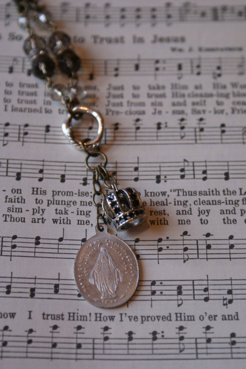 Vintage French Miraculous Medal Charm Necklace with Crown