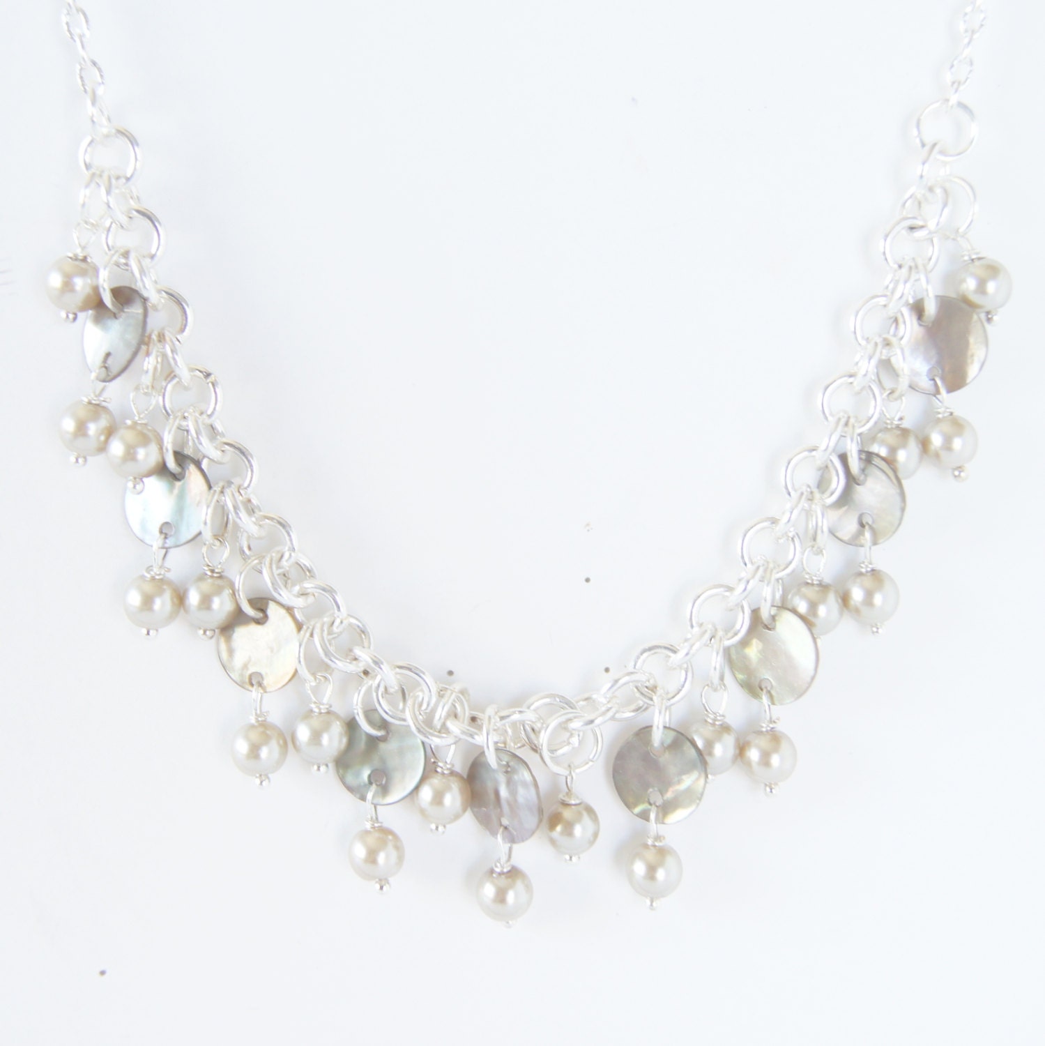 Light Gray Mother of Pearl Coins Glass Pearls Dangle Necklace, Turquoise, Women's Fashion, Wedding, Aqua, Blue