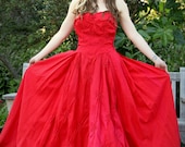 Vintage 50s Strapless Formal Prom Dress in Bright Lipstick Red Beaded Ball Gown Built In Pettiskirt XS S