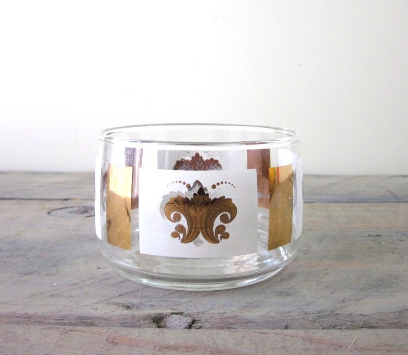 Mid Century Modern Glass Wine Coaster Bowl Barware Gold and White