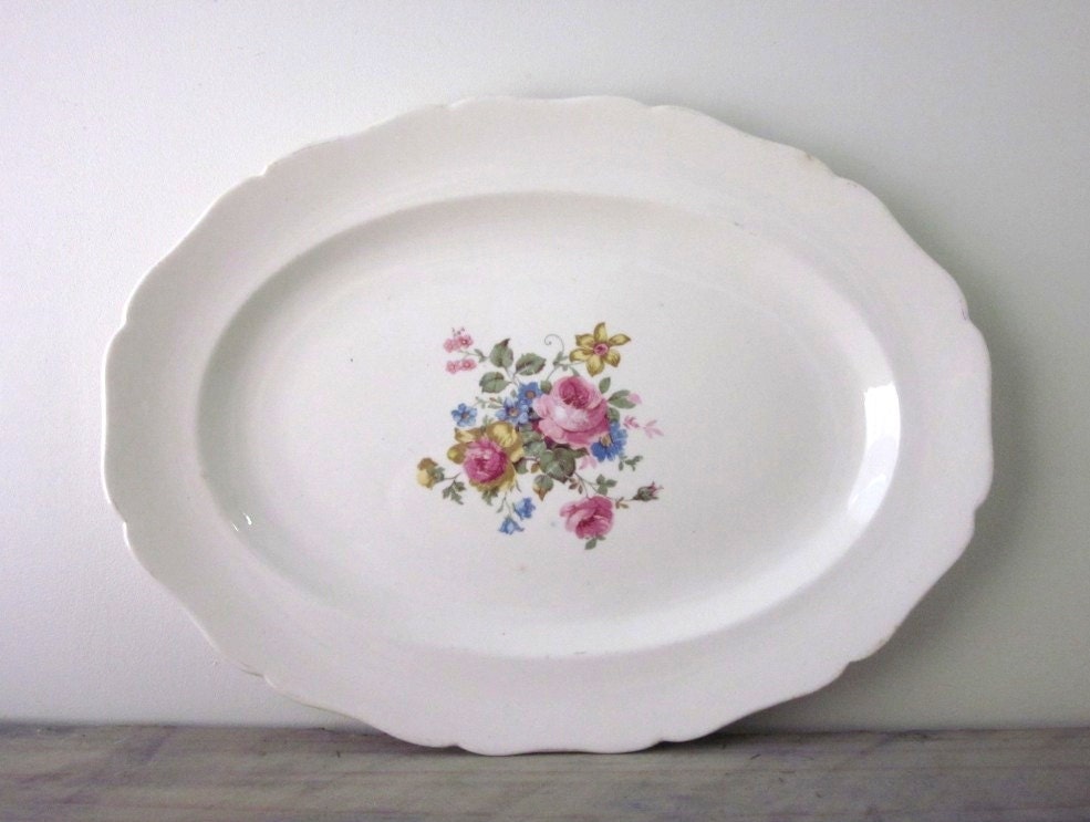 Shabby Chic White Platter with Pink Floral Design